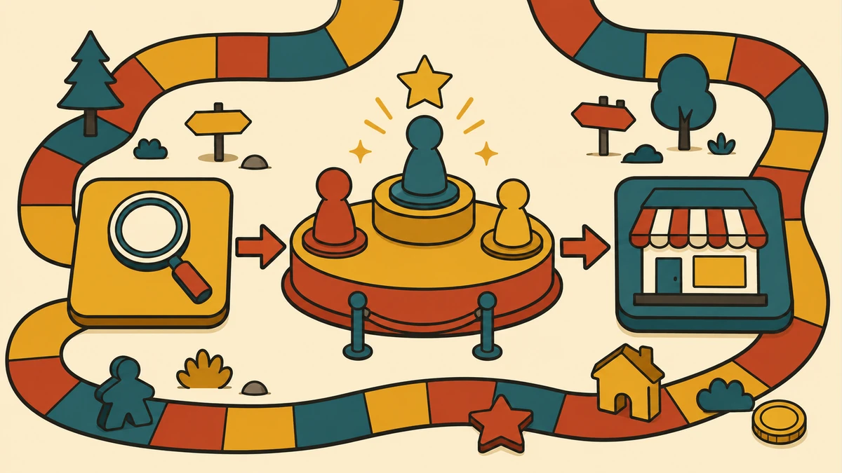 Ilustrasi gaya papan permainan: petak kaca pembesar mengalir ke podium lelang berisi tiga token penawar, penawar tertinggi terhubung ke petak toko