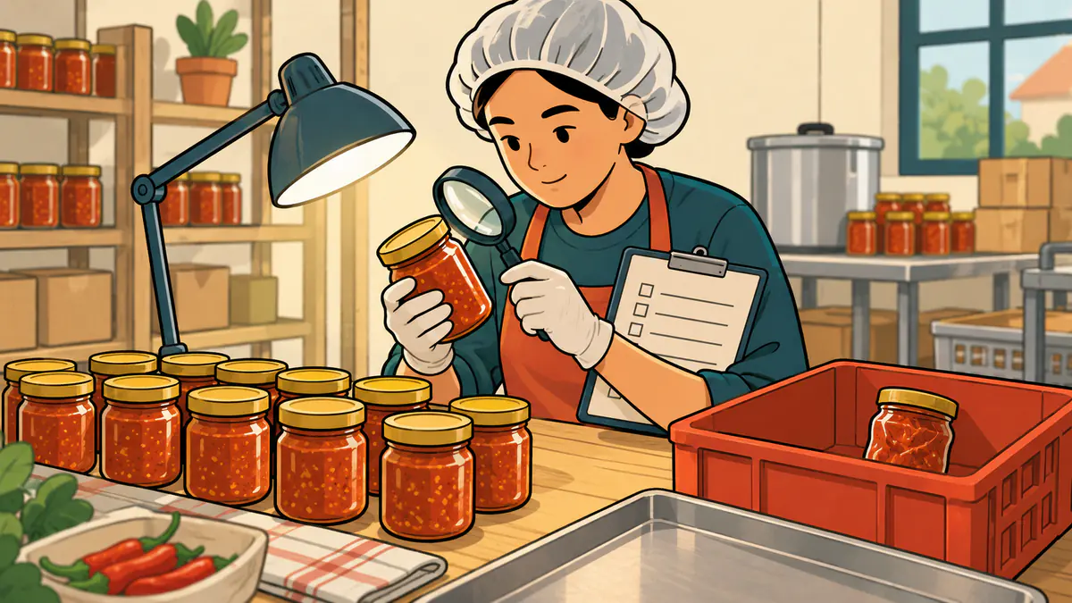 Ilustrasi pekerja industri rumahan bersarung tangan dan penutup rambut memeriksa toples sambal dengan kaca pembesar di bawah lampu meja, satu toples cacat disisihkan ke keranjang merah